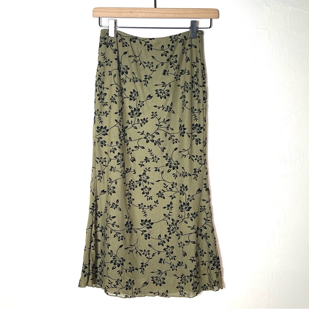 Olive Green Floral Midi Skirt